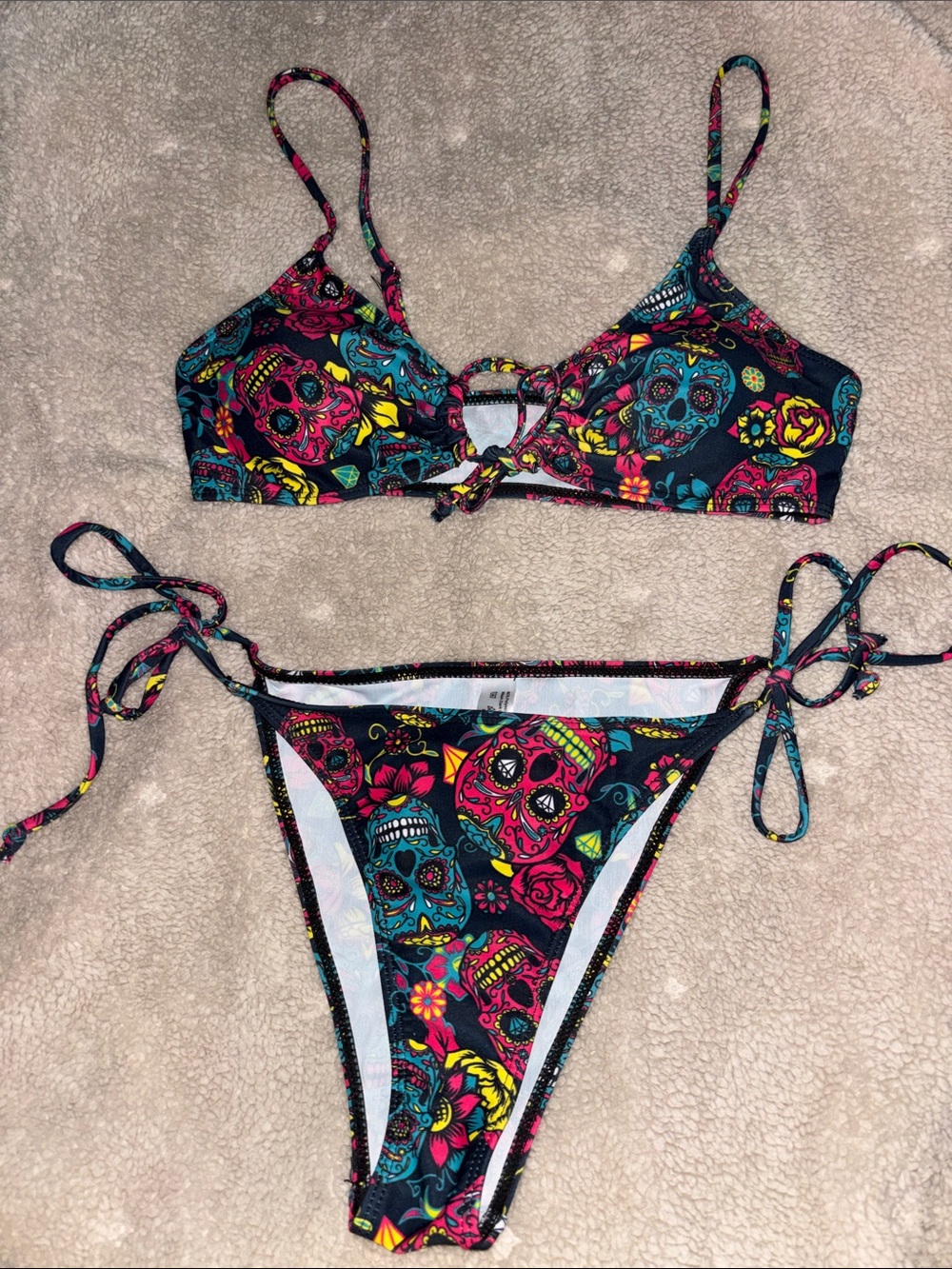 MEXICANA Floral Sugar Skull Tie-Side Bikini in Black, Pink, Teal, Yellow